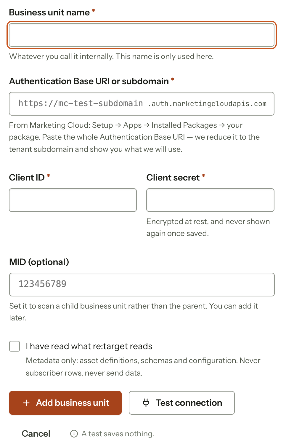 Screenshot: the connect form in re:target, with fields for the business unit name, the Authentication Base URI or subdomain, the client ID and secret, and an optional MID.